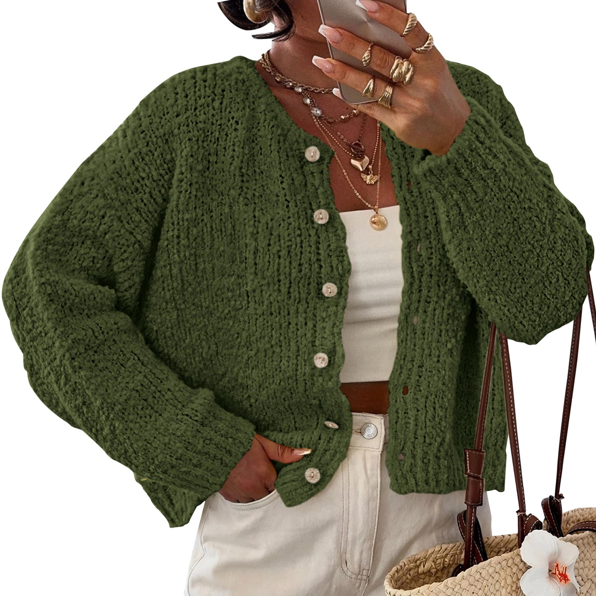 FreshPretty Fall Cardigans for Women Chunky Knit Button Up Sweaters,Cozy Long Sleeve Open Front Cardigans,Casual Loose Crewneck Sweater Jacket Outerwear,Button Down Winter Going Out Coats