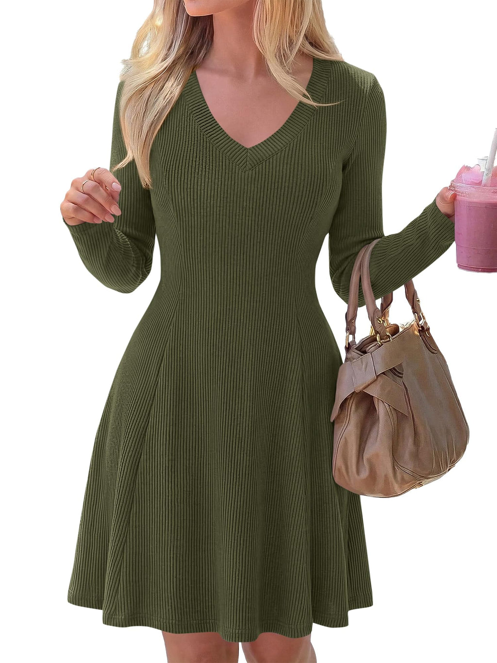 FreshPretty Fall A-Line V Neck Dresses for Women Dressy Homecoming Dress,Long Sleeve Fit and Flare Cocktail Party Mini Dress,Soft Cozy Knitwear for Daily Casual,Winter Trendy Going Out Dresses