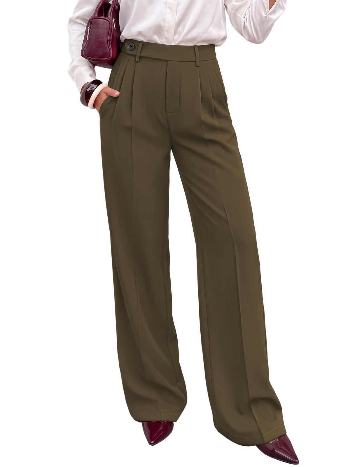 FreshPretty Wide Leg Pants for Women High Waisted Side Button Pants,Soft Drape Business Casual Palazzo Work Pant,Dressy Pleated Elastic Waist Slacks with Pocket Zipper,Daily Office Fall Dress Pants