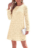 FreshPretty Womens Long Sleeve Crochet Floral Eyelet Lace Mini Dress,Cute Fall Long Sleeve Embroidered Loose Shift Dress,Elegant Dress for Wedding Guest,Bridal Shower Garden Party Vacation