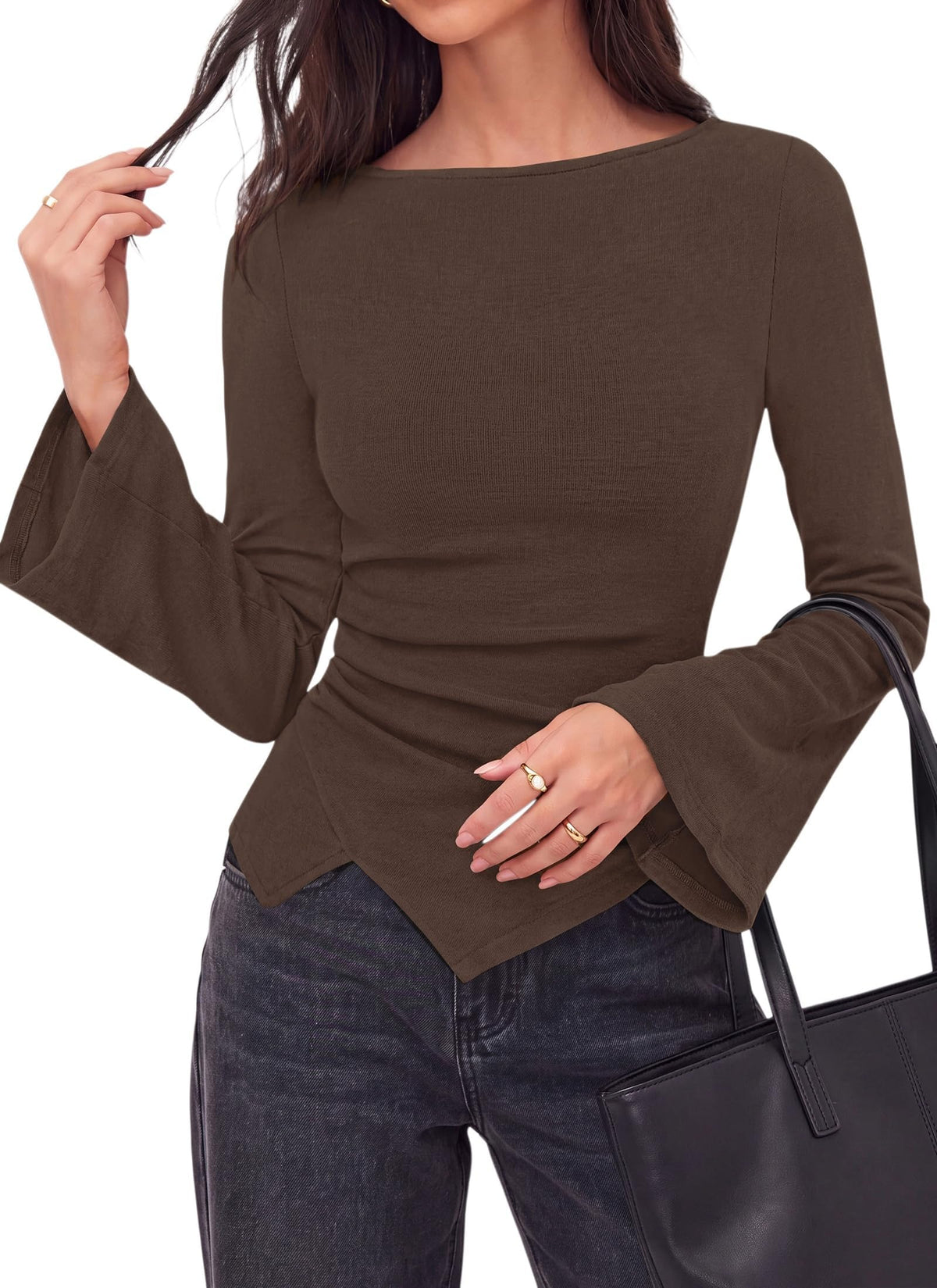 Womens Bell Long Sleeve Shirts Boat Neck Asymmetrical Tops,Soft Comfy Lightweight Ribbed Slim Fit T Shirts,Flare Sleeve Blouse,Ruched Side Y2K Date Night Tops,Fall Fashion Clothes