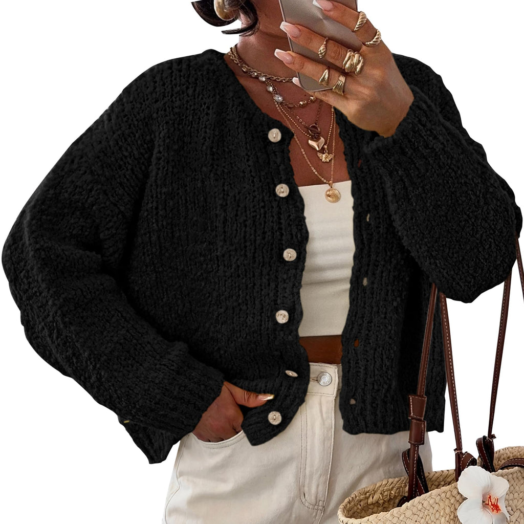 FreshPretty Fall Cardigans for Women Chunky Knit Button Up Sweaters,Cozy Long Sleeve Open Front Cardigans,Casual Loose Crewneck Sweater Jacket Outerwear,Button Down Winter Going Out Coats