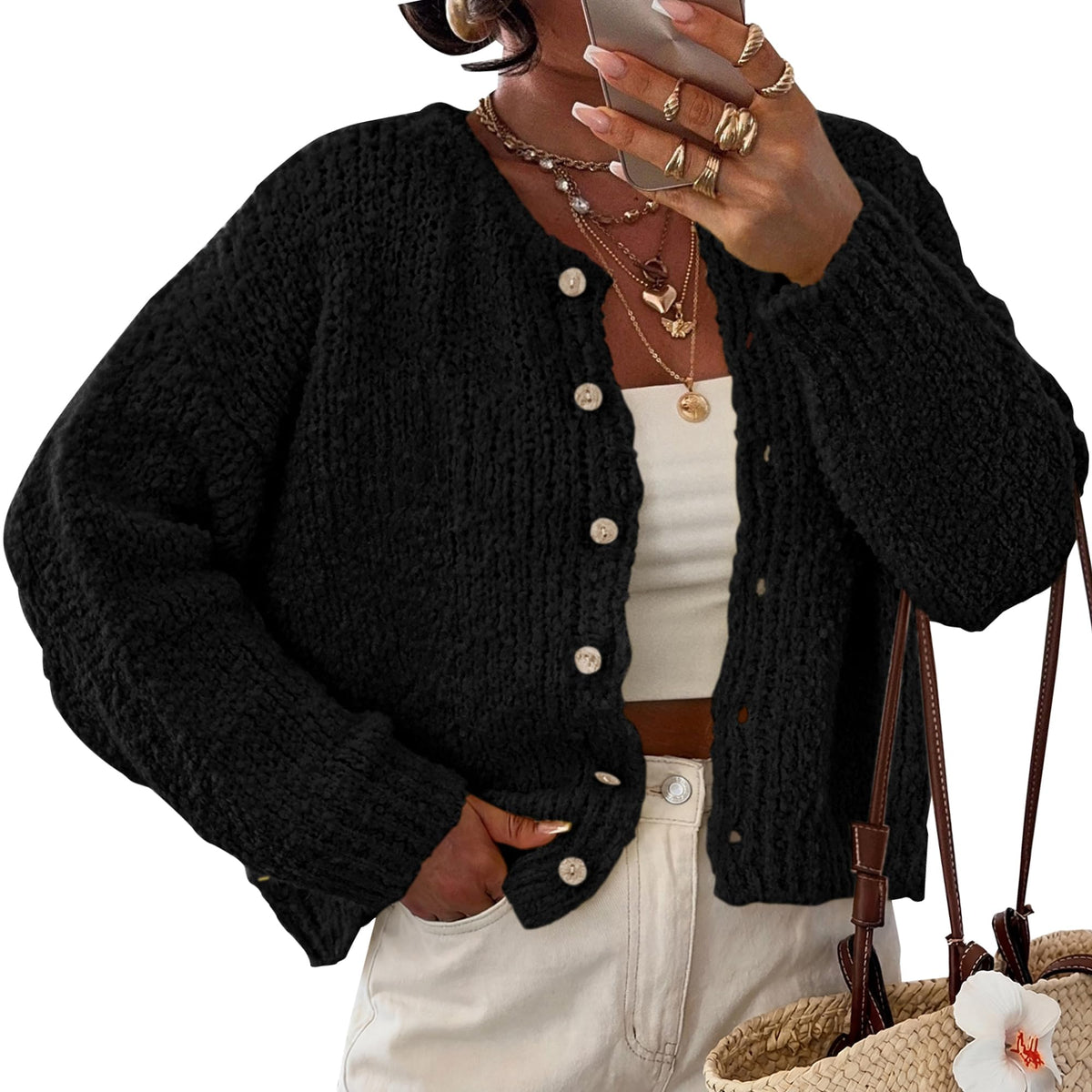 FreshPretty Fall Cardigans for Women Chunky Knit Button Up Sweaters,Cozy Long Sleeve Open Front Cardigans,Casual Loose Crewneck Sweater Jacket Outerwear,Button Down Winter Going Out Coats