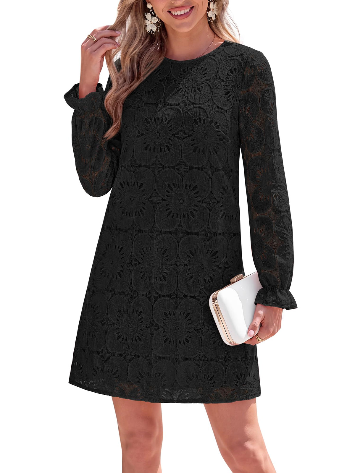 FreshPretty Womens Long Sleeve Crochet Floral Eyelet Lace Mini Dress,Cute Fall Long Sleeve Embroidered Loose Shift Dress,Elegant Dress for Wedding Guest,Bridal Shower Garden Party Vacation