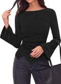 Womens Bell Long Sleeve Shirts Boat Neck Asymmetrical Tops,Soft Comfy Lightweight Ribbed Slim Fit T Shirts,Flare Sleeve Blouse,Ruched Side Y2K Date Night Tops,Fall Fashion Clothes
