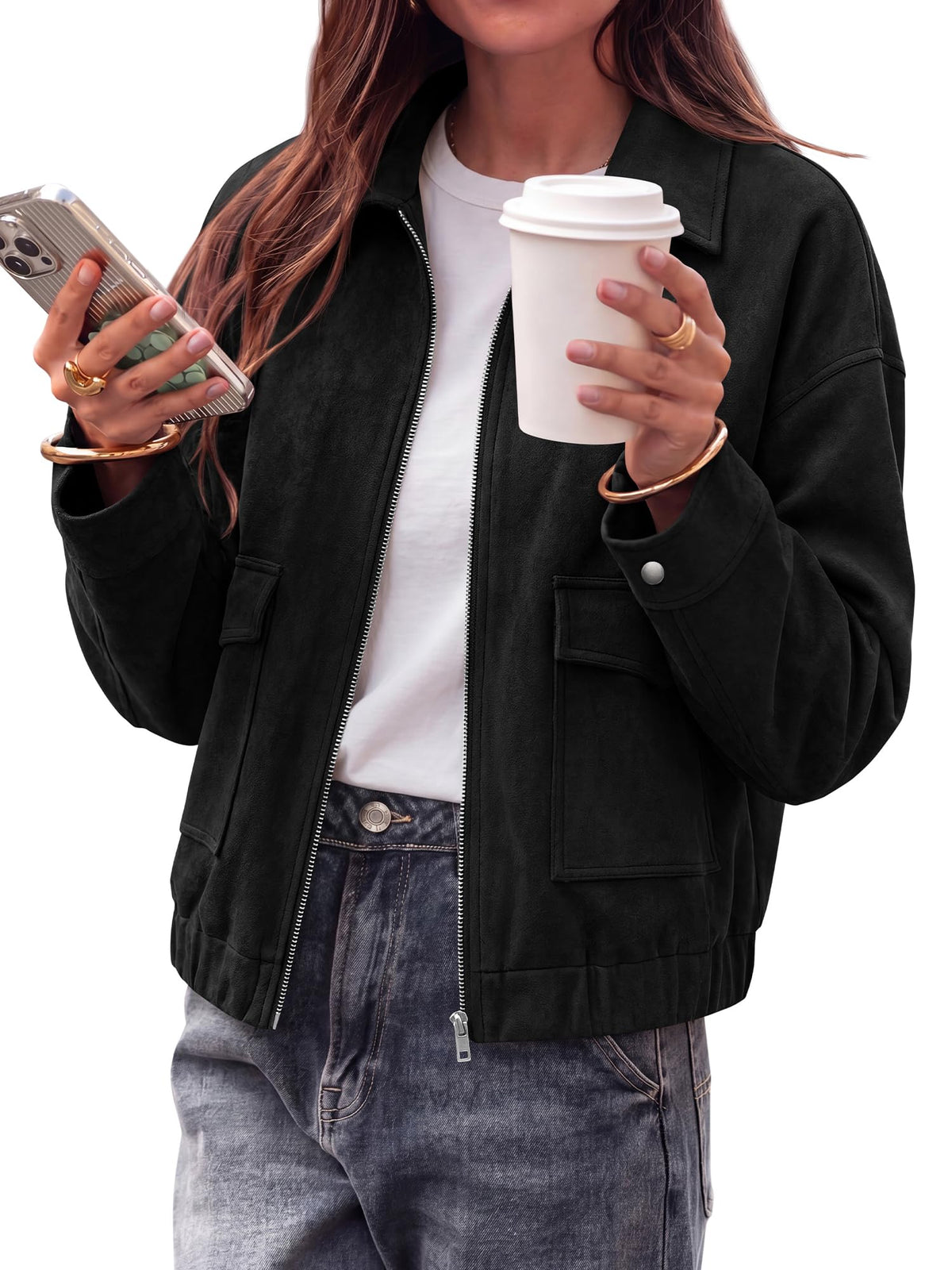 FreshPretty Womens Faux Suede Jacket Zip Up Cropped Bomber Coats,Lapel Collar Short Fall Jackets,Long Sleeve Casual Pilot Coat,Elastic Hem, Patch Pockets,Motorcycle Streetwear Outerwear
