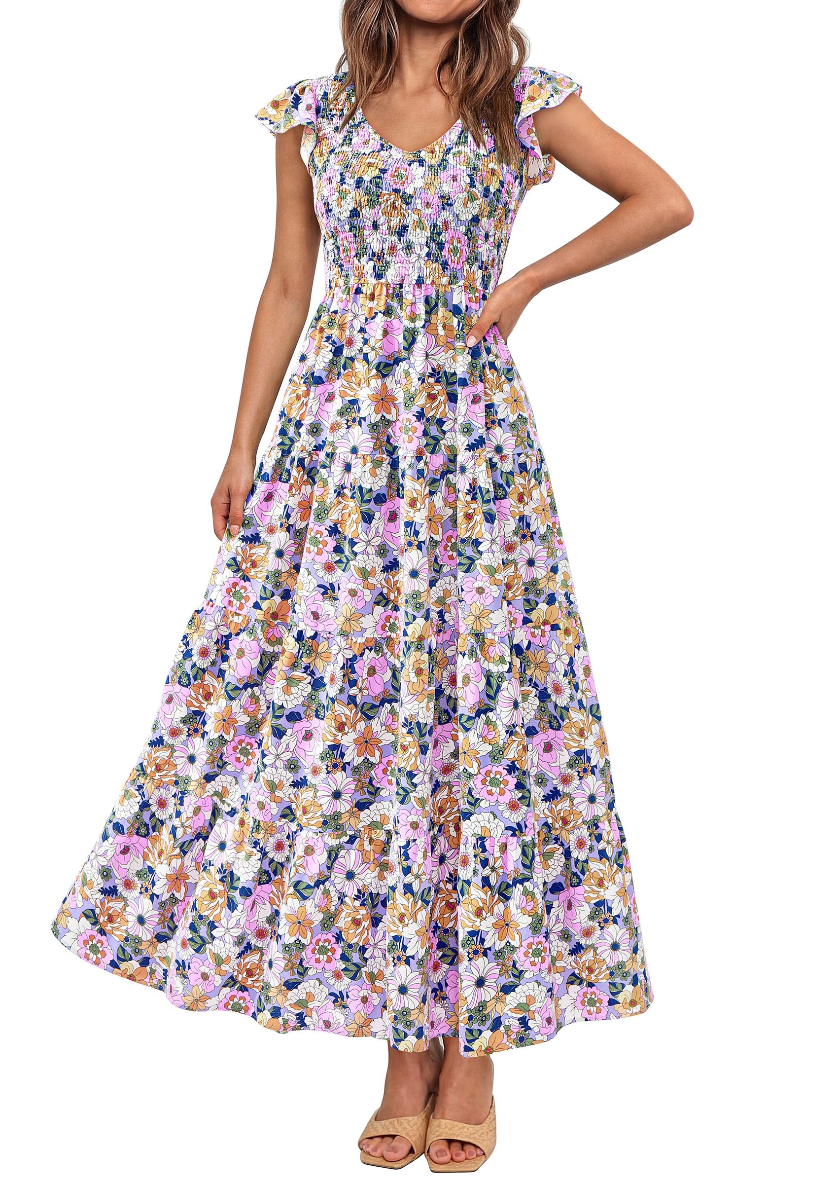 Visit the PRETTYGARDEN Store PRETTYGARDEN Women's Summer Floral Midi Dress Cap Sleeve V Neck Ruffle Long Flowy Boho Casual Beach Vacation Dresses