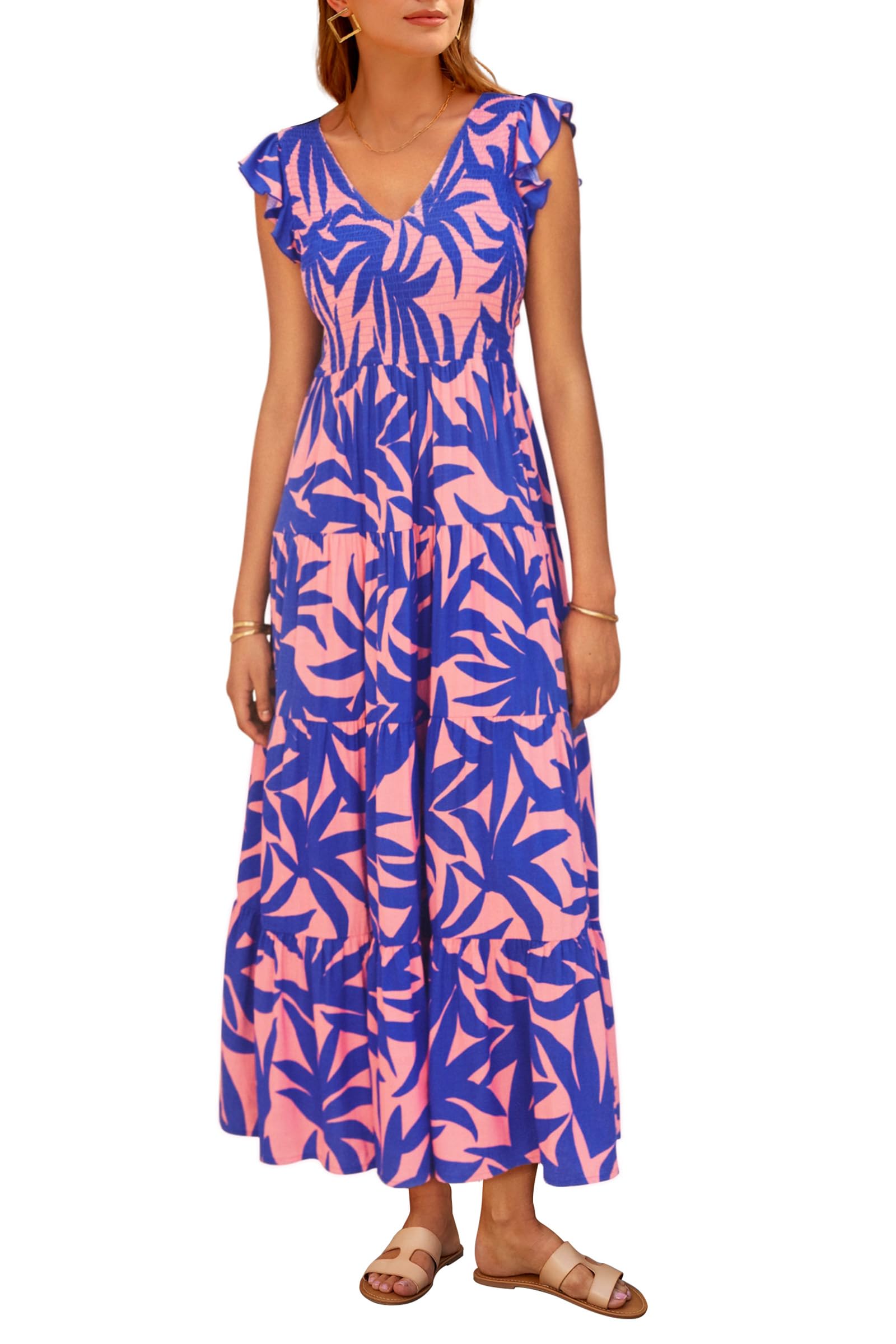 Visit the PRETTYGARDEN Store PRETTYGARDEN Women's Summer Floral Midi Dress Cap Sleeve V Neck Ruffle Long Flowy Boho Casual Beach Vacation Dresses