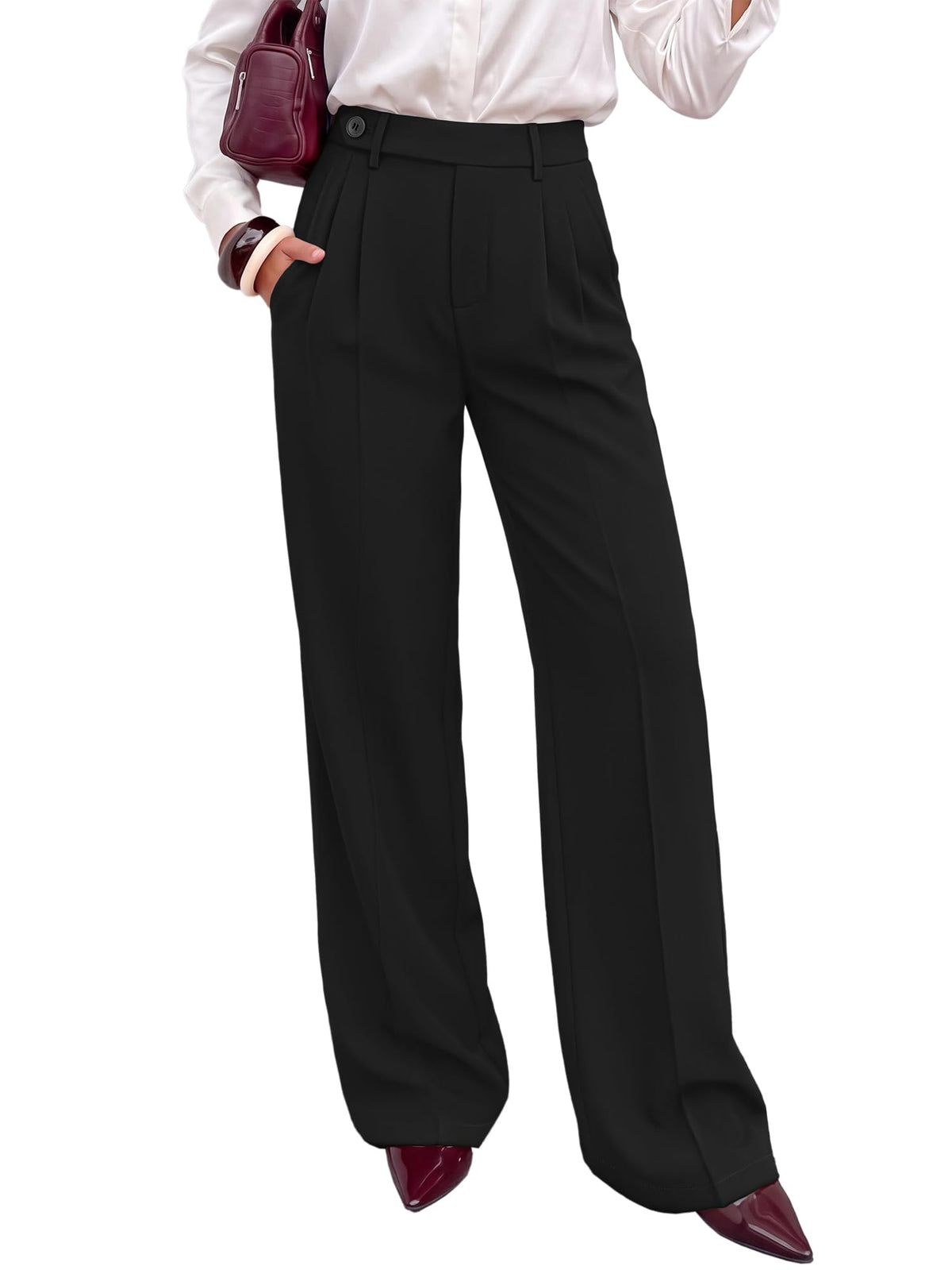 FreshPretty Wide Leg Pants for Women High Waisted Side Button Pants,Soft Drape Business Casual Palazzo Work Pant,Dressy Pleated Elastic Waist Slacks with Pocket Zipper,Daily Office Fall Dress Pants