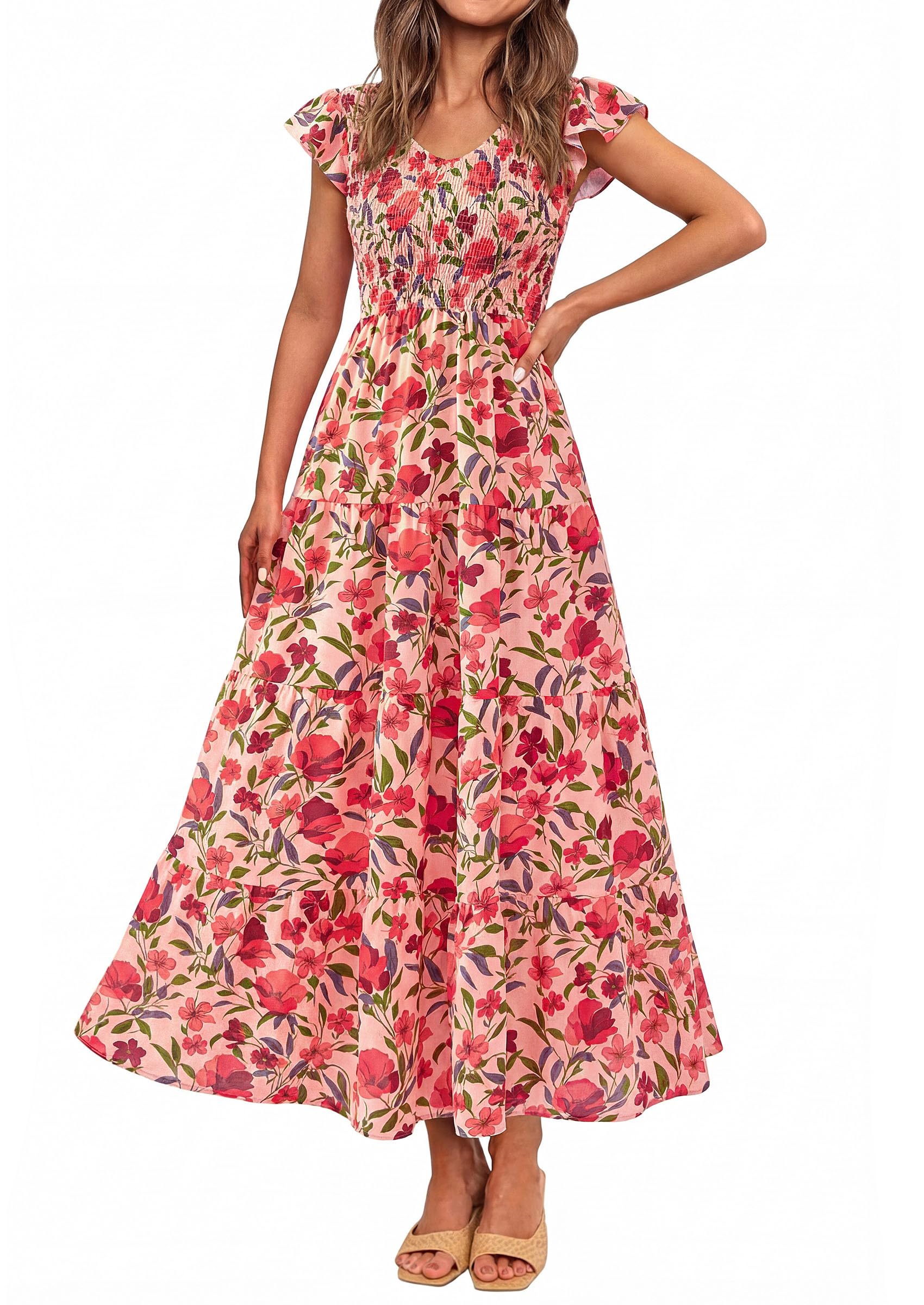 Visit the PRETTYGARDEN Store PRETTYGARDEN Women's Summer Floral Midi Dress Cap Sleeve V Neck Ruffle Long Flowy Boho Casual Beach Vacation Dresses