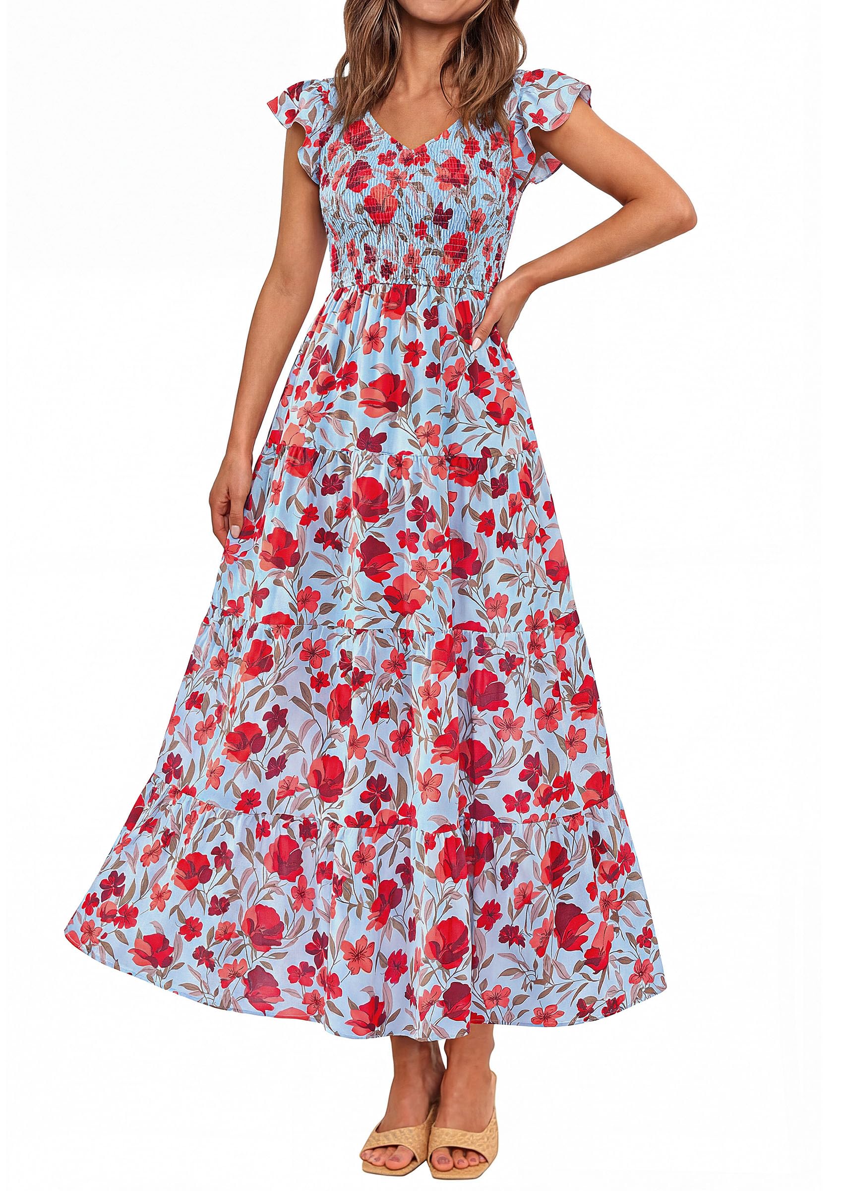 Visit the PRETTYGARDEN Store PRETTYGARDEN Women's Summer Floral Midi Dress Cap Sleeve V Neck Ruffle Long Flowy Boho Casual Beach Vacation Dresses