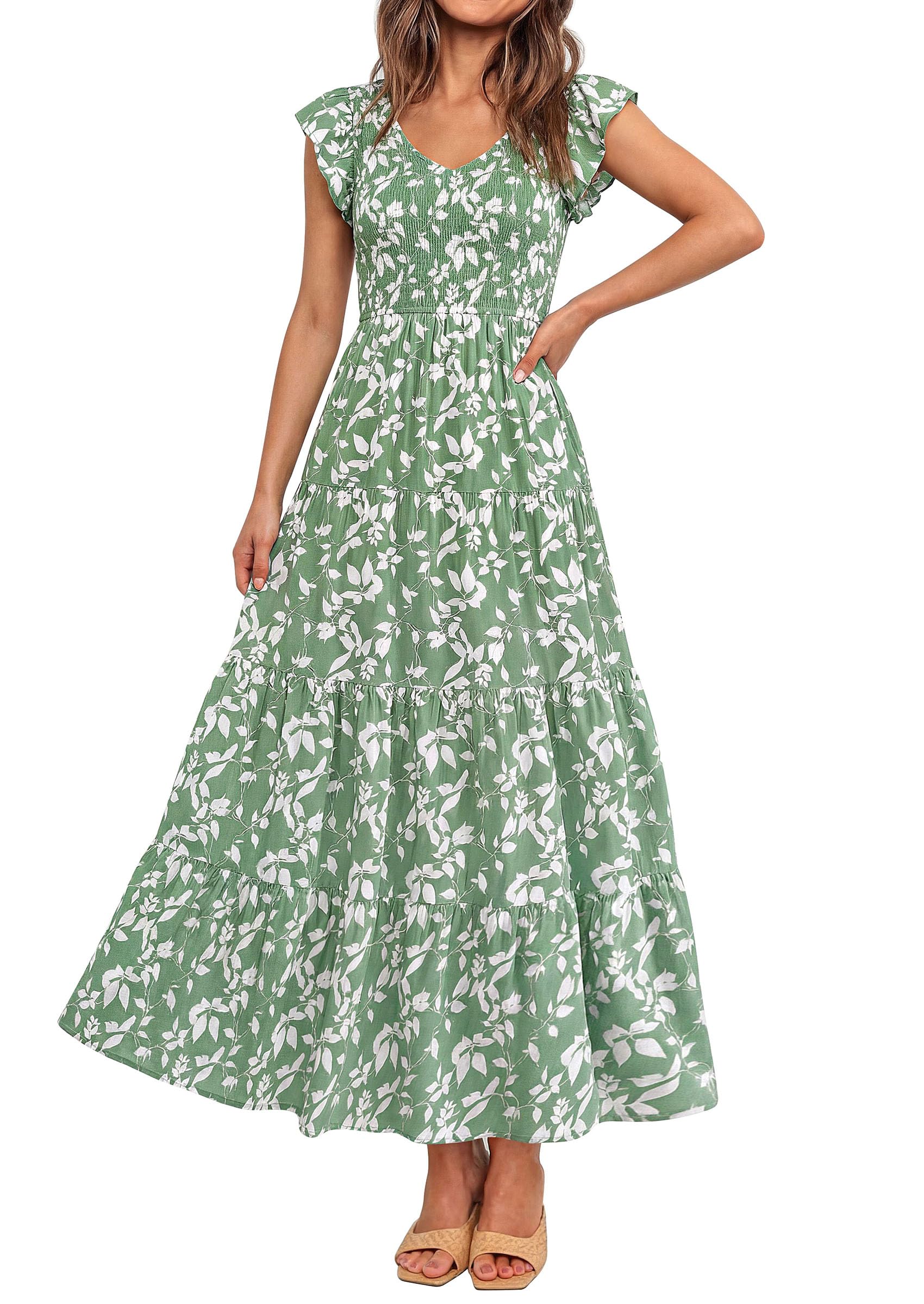 Visit the PRETTYGARDEN Store PRETTYGARDEN Women's Summer Floral Midi Dress Cap Sleeve V Neck Ruffle Long Flowy Boho Casual Beach Vacation Dresses