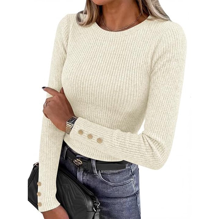 FreshPretty Womens Dressy Ribbed Long Sleeve T-Shirts Button Cuffs | Fall Womens Shirts Dressy Casual, Crewneck Knitted T-Shirts, Soft Lightweight Work Tops, Business Casual Tops for Women