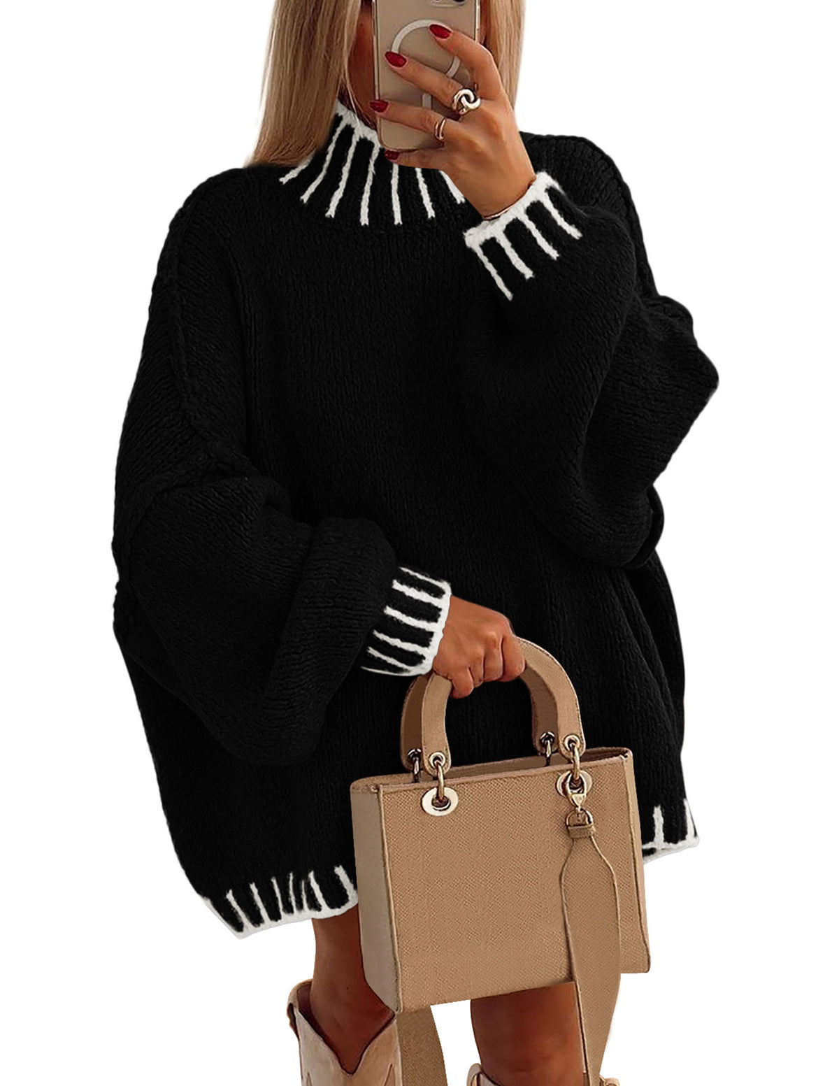 PRETTYGARDEN Women's Winter Oversized Pullover Sweaters Long Sleeve Mock Neck Chunky Knit Slouchy Jumper Tops