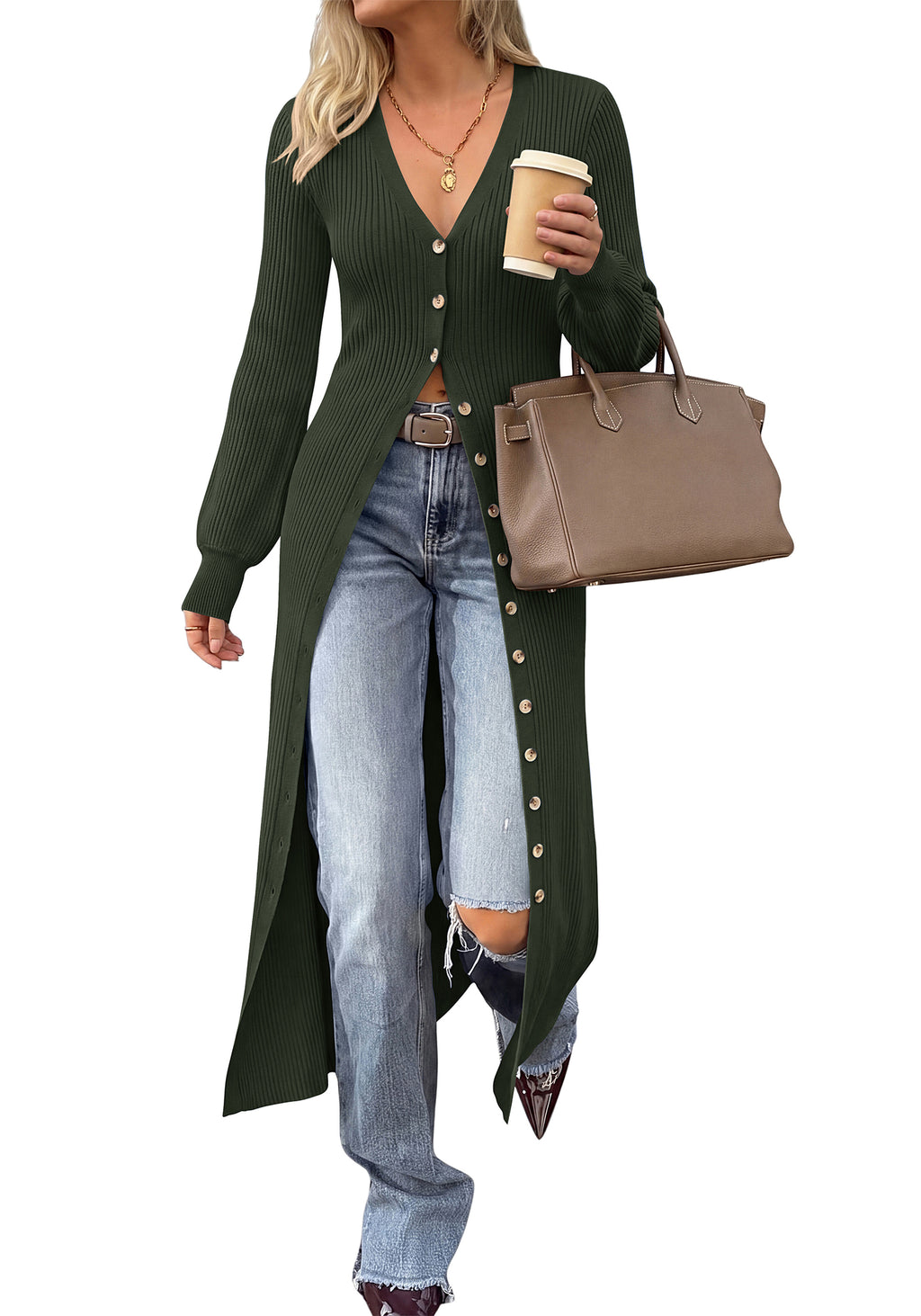 BTFBM Button Up Long Cardigans for Women Ribbed V Neck Midi Sweater Dress Puff Long Sleeve Cardigan Sweaters, Soft Stretchy Lightweight Duster Cardigans, Knit Winter Dresses, Fall Outfits Trendy