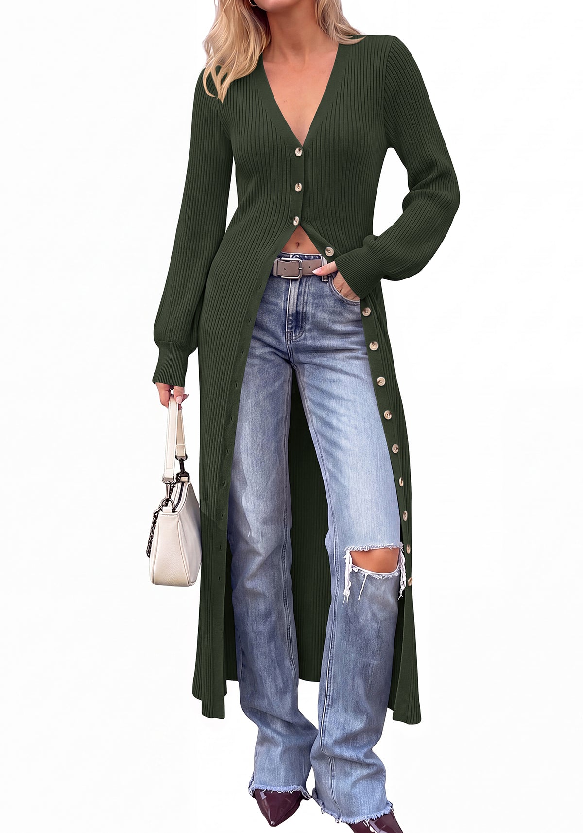 BTFBM Button Up Long Cardigans for Women Ribbed V Neck Midi Sweater Dress Puff Long Sleeve Cardigan Sweaters, Soft Stretchy Lightweight Duster Cardigans, Knit Winter Dresses, Fall Outfits Trendy
