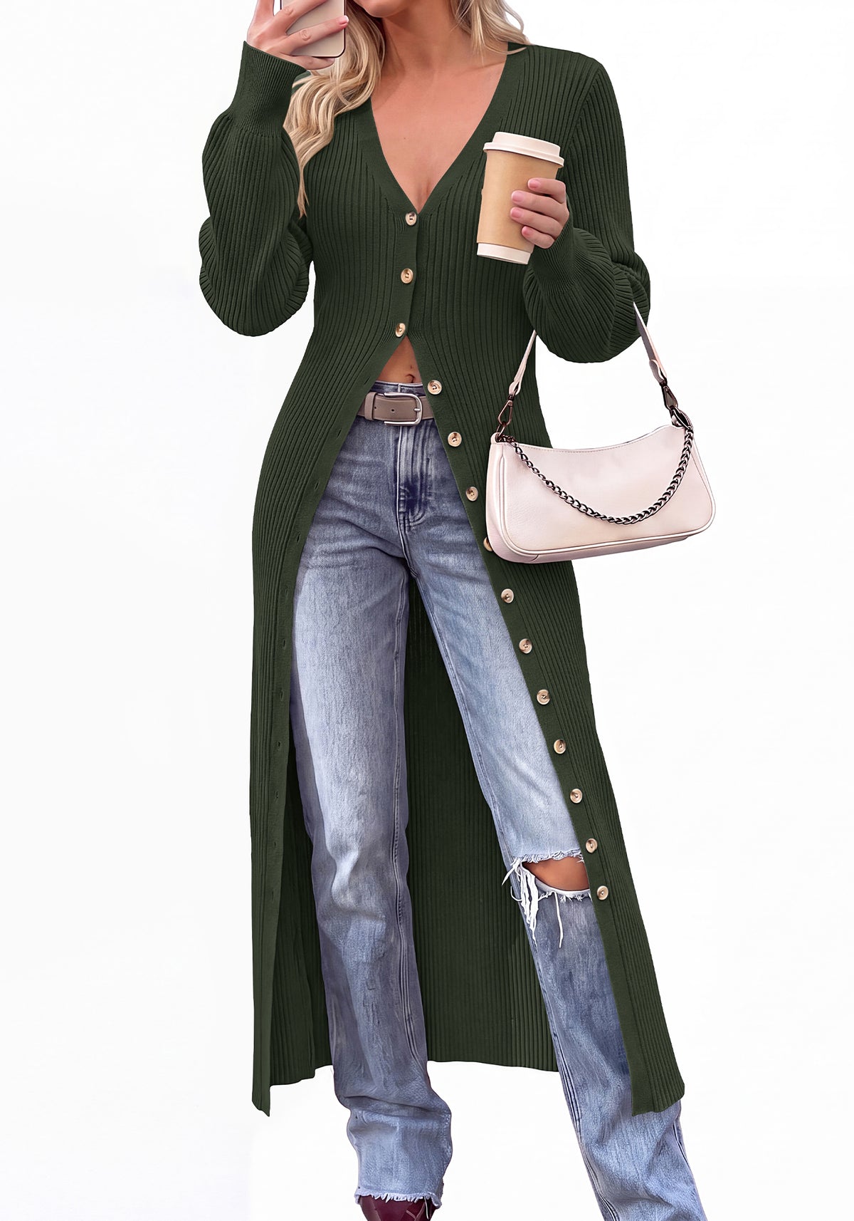 BTFBM Button Up Long Cardigans for Women Ribbed V Neck Midi Sweater Dress Puff Long Sleeve Cardigan Sweaters, Soft Stretchy Lightweight Duster Cardigans, Knit Winter Dresses, Fall Outfits Trendy