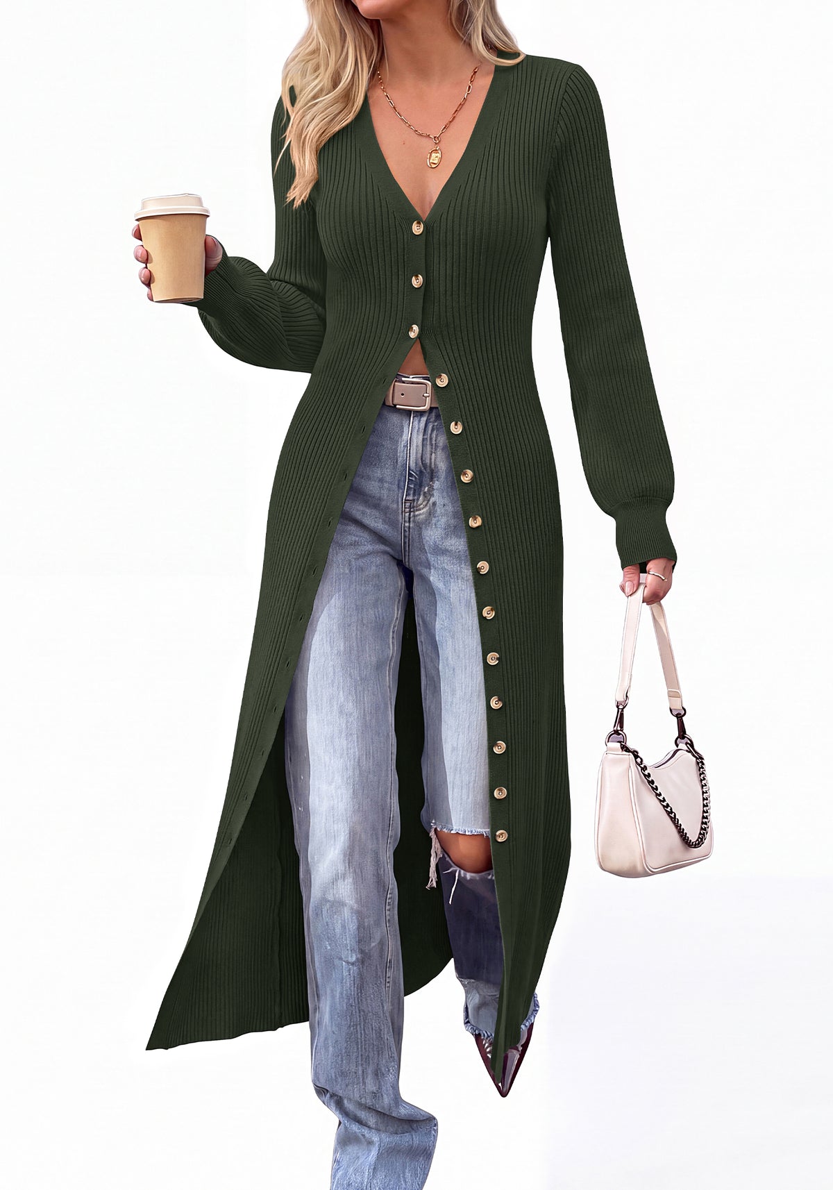 BTFBM Button Up Long Cardigans for Women Ribbed V Neck Midi Sweater Dress Puff Long Sleeve Cardigan Sweaters, Soft Stretchy Lightweight Duster Cardigans, Knit Winter Dresses, Fall Outfits Trendy