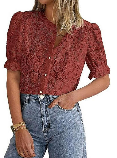 PRETTYGARDEN Womens Spring Lace Tops Short Puff Sleeve Casual Dressy Blouses Eyelet Crew Neck Button Down Shirts