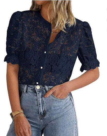PRETTYGARDEN Womens Spring Lace Tops Short Puff Sleeve Casual Dressy Blouses Eyelet Crew Neck Button Down Shirts