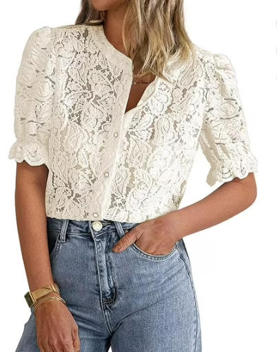 PRETTYGARDEN Womens Spring Lace Tops Short Puff Sleeve Casual Dressy Blouses Eyelet Crew Neck Button Down Shirts