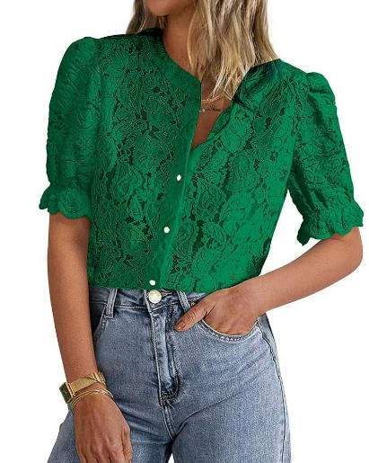 PRETTYGARDEN Womens Spring Lace Tops Short Puff Sleeve Casual Dressy Blouses Eyelet Crew Neck Button Down Shirts