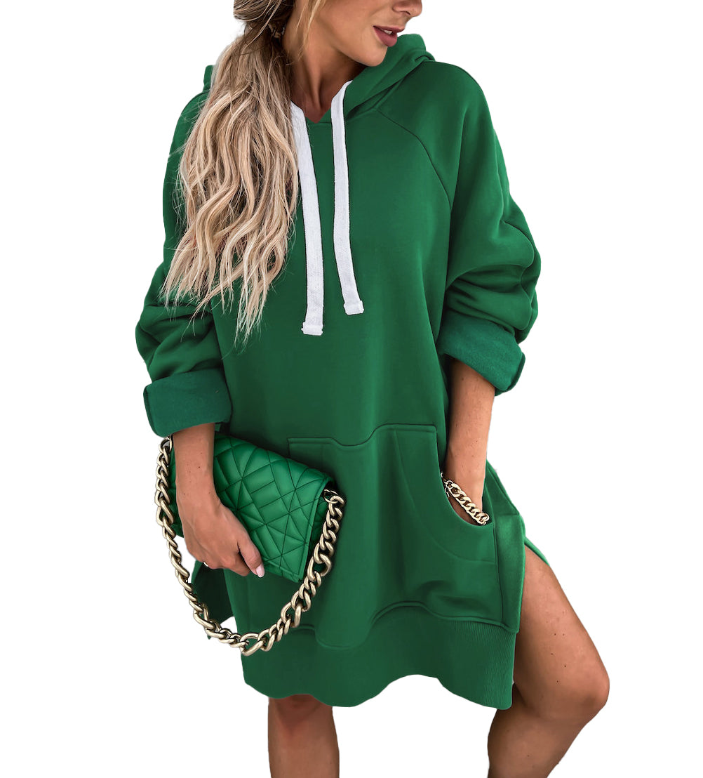 PRETTYGARDEN Women's Casual Pullover Sweatshirt Long Sleeve Split Hem Hoodie Dress with Kangaroo Pocket