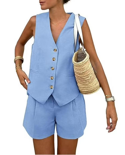 PRETTYGARDEN Women's Summer 2 Piece Outfits Sleeveless Matching Sets Button Down V Neck Vest Waistcoat and Pockets Shorts