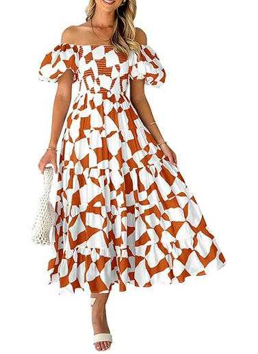 PRETTYGARDEN Women's Summer Boho Midi Dress Off Shoulder Puff Sleeve Print Smocked Ruffle Beach Long Flowy Dresses