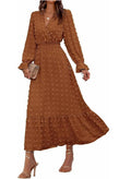FreshPretty Women Fall Maxi Dresses Long Sleeve V Neck Swiss Dots High Waisted A-Line Ruffle Boho Long Dress Vacation