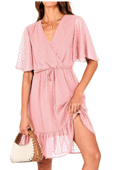 FreshPretty Women's Summer Dresses Casual Short Sleeve V Neck Ruffle Floral Print High Waist Flowy Mini Dress with Belt