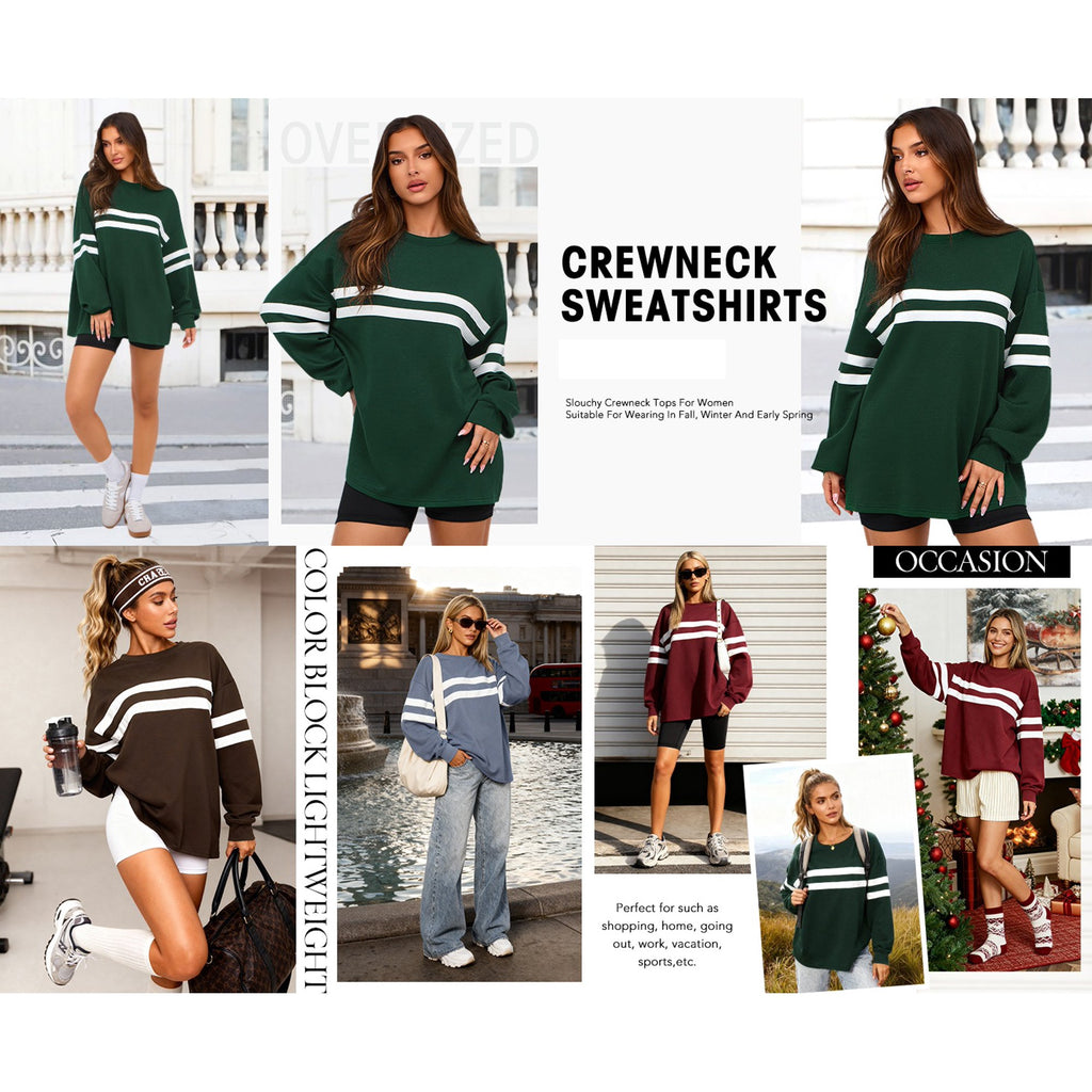 FreshPretty Women's Striped Oversized Sweatshirt Spring Crewneck Long Sleeve Shirts Casual Color Block Pullover Tops