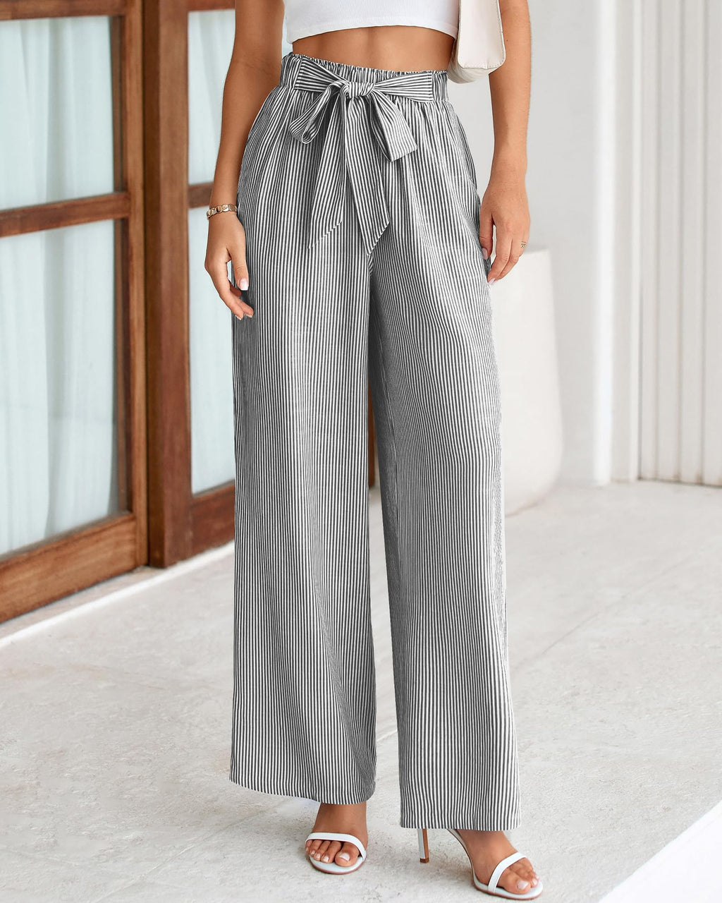 FreshPretty Palazzo Pants for Women  Fall Striped Flowy Tie Knot Wide Leg High Waist Dressy Casual Work Pants Trousers