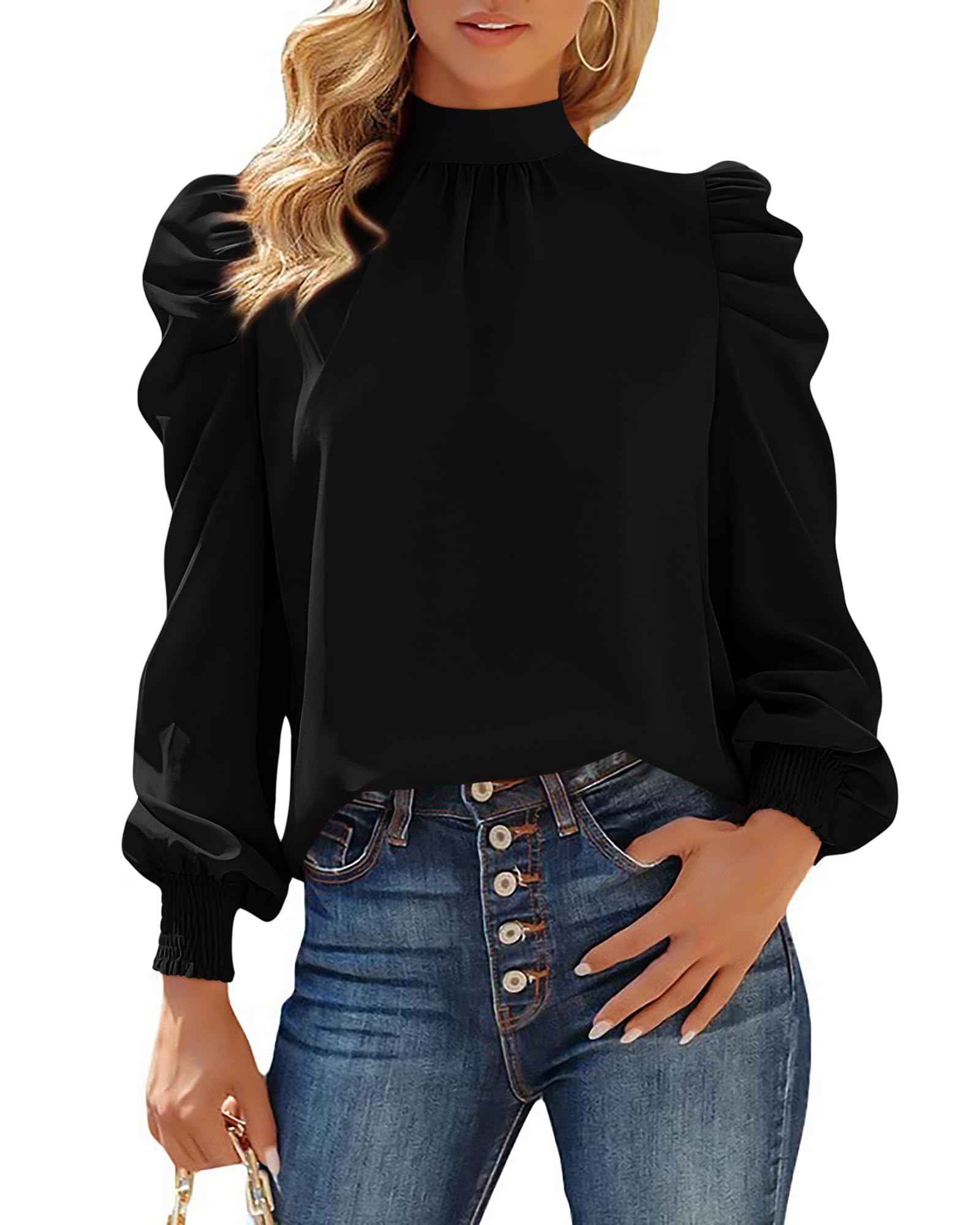 FreshPretty Mock Neck Long Sleeve Blouses for Women Dressy Casual Business Work Shirts Spring Fall Clothes Satin Tops