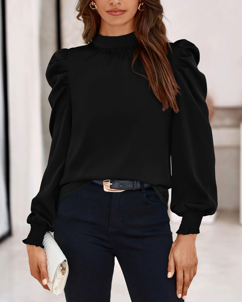 FreshPretty Mock Neck Long Sleeve Blouses for Women Dressy Casual Business Work Shirts Spring Fall Clothes Satin Tops