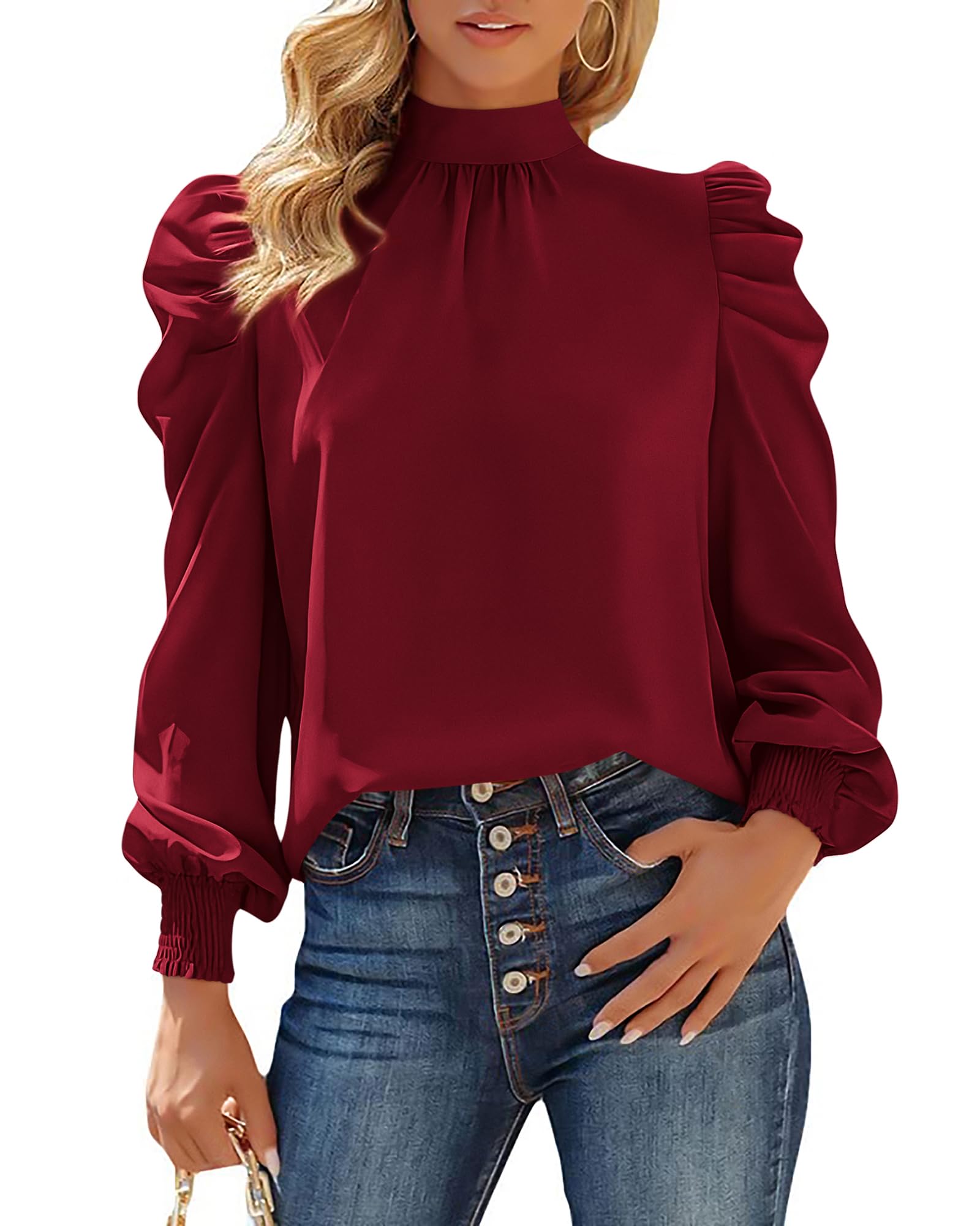 FreshPretty Mock Neck Long Sleeve Blouses for Women Dressy Casual Business Work Shirts Spring Fall Clothes Satin Tops