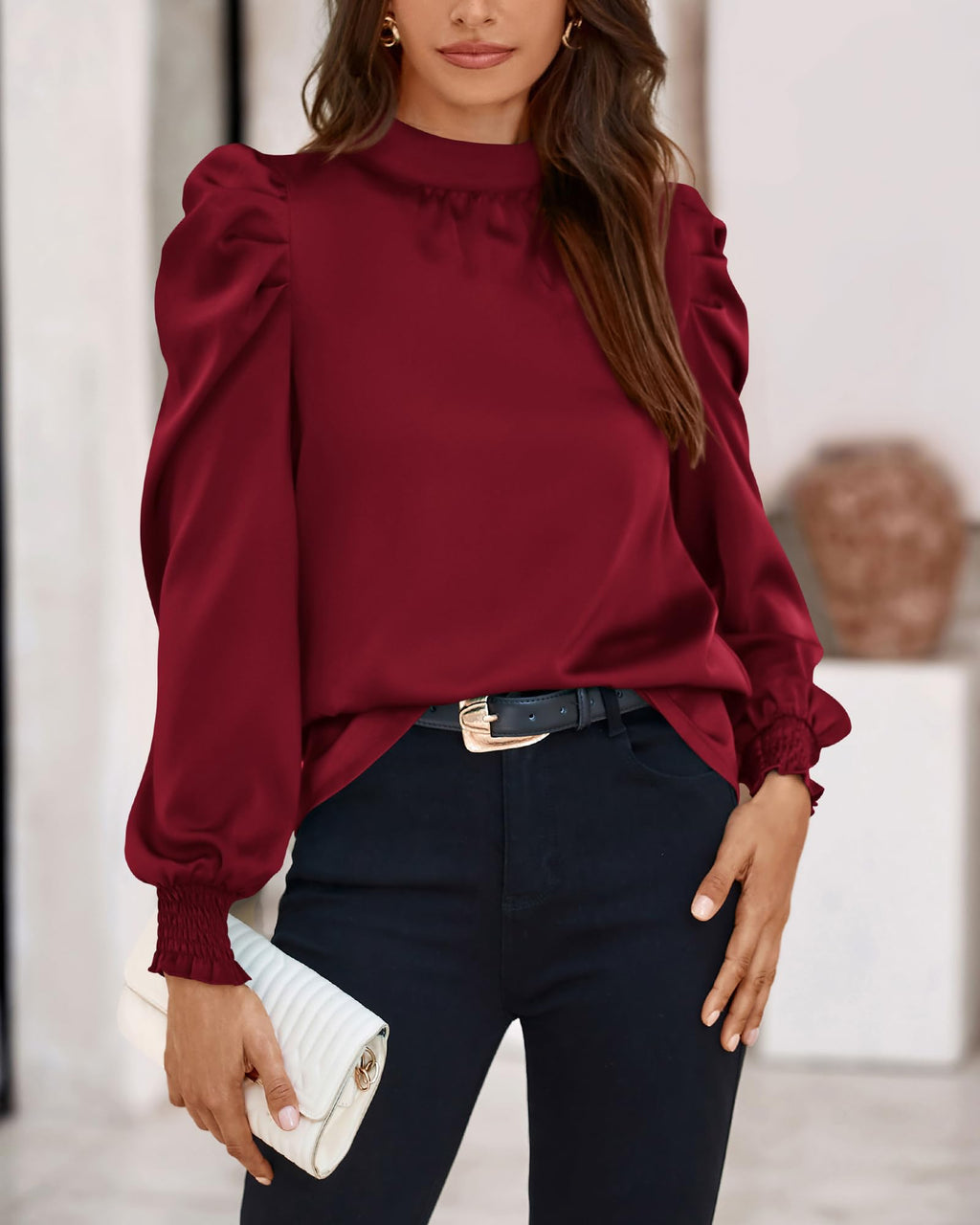 FreshPretty Mock Neck Long Sleeve Blouses for Women Dressy Casual Business Work Shirts Spring Fall Clothes Satin Tops
