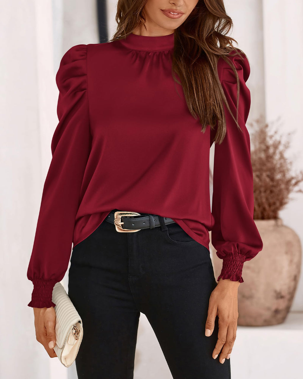 FreshPretty Mock Neck Long Sleeve Blouses for Women Dressy Casual Business Work Shirts Spring Fall Clothes Satin Tops