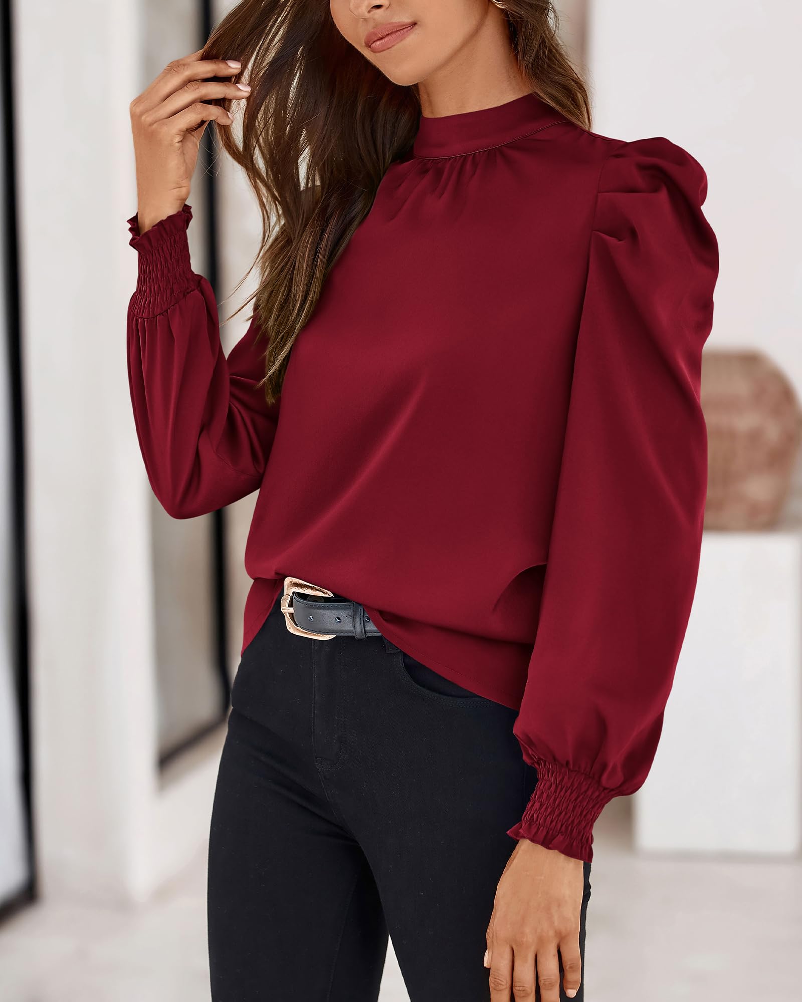 FreshPretty Mock Neck Long Sleeve Blouses for Women Dressy Casual Business Work Shirts Spring Fall Clothes Satin Tops