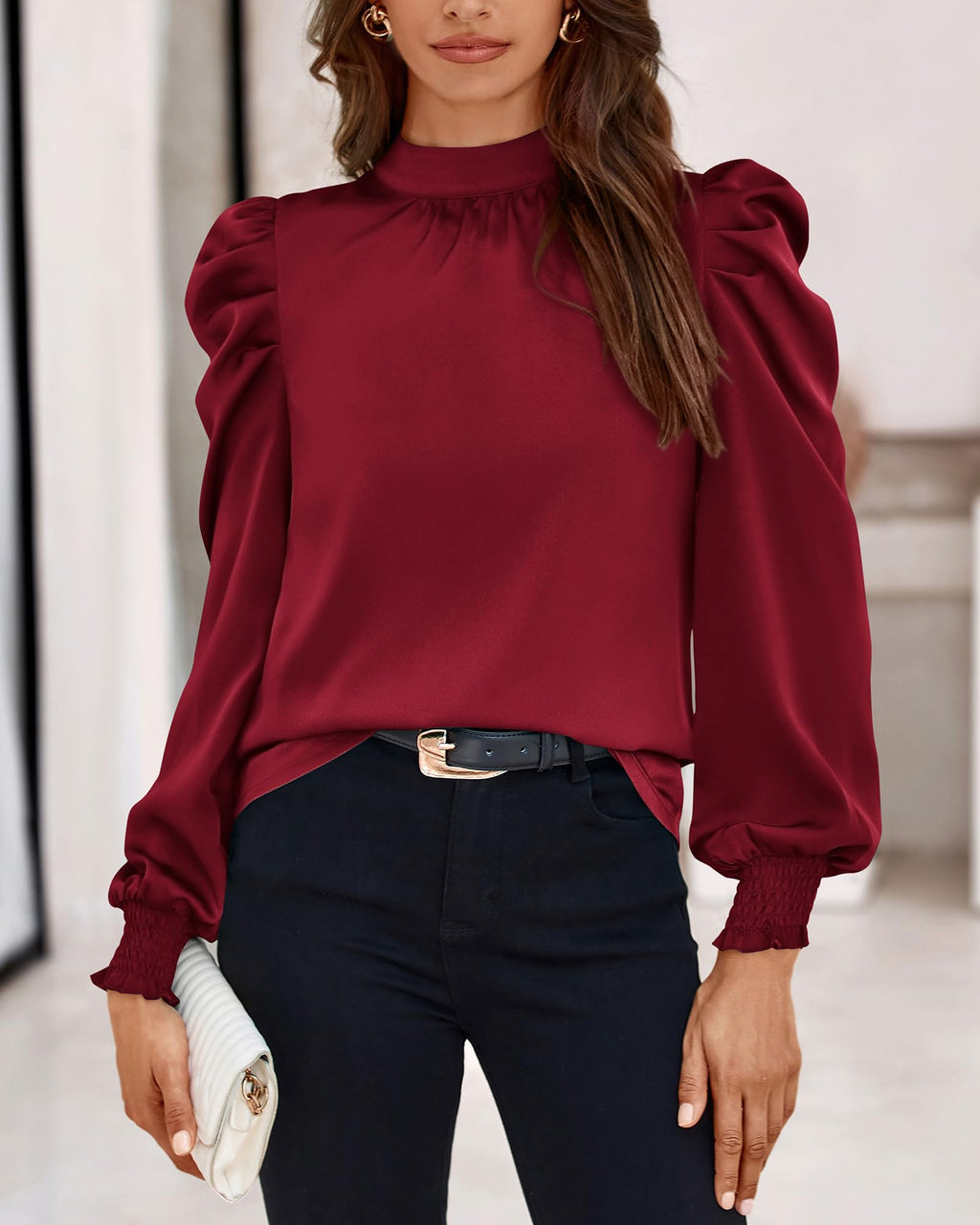 FreshPretty Mock Neck Long Sleeve Blouses for Women Dressy Casual Business Work Shirts Spring Fall Clothes Satin Tops