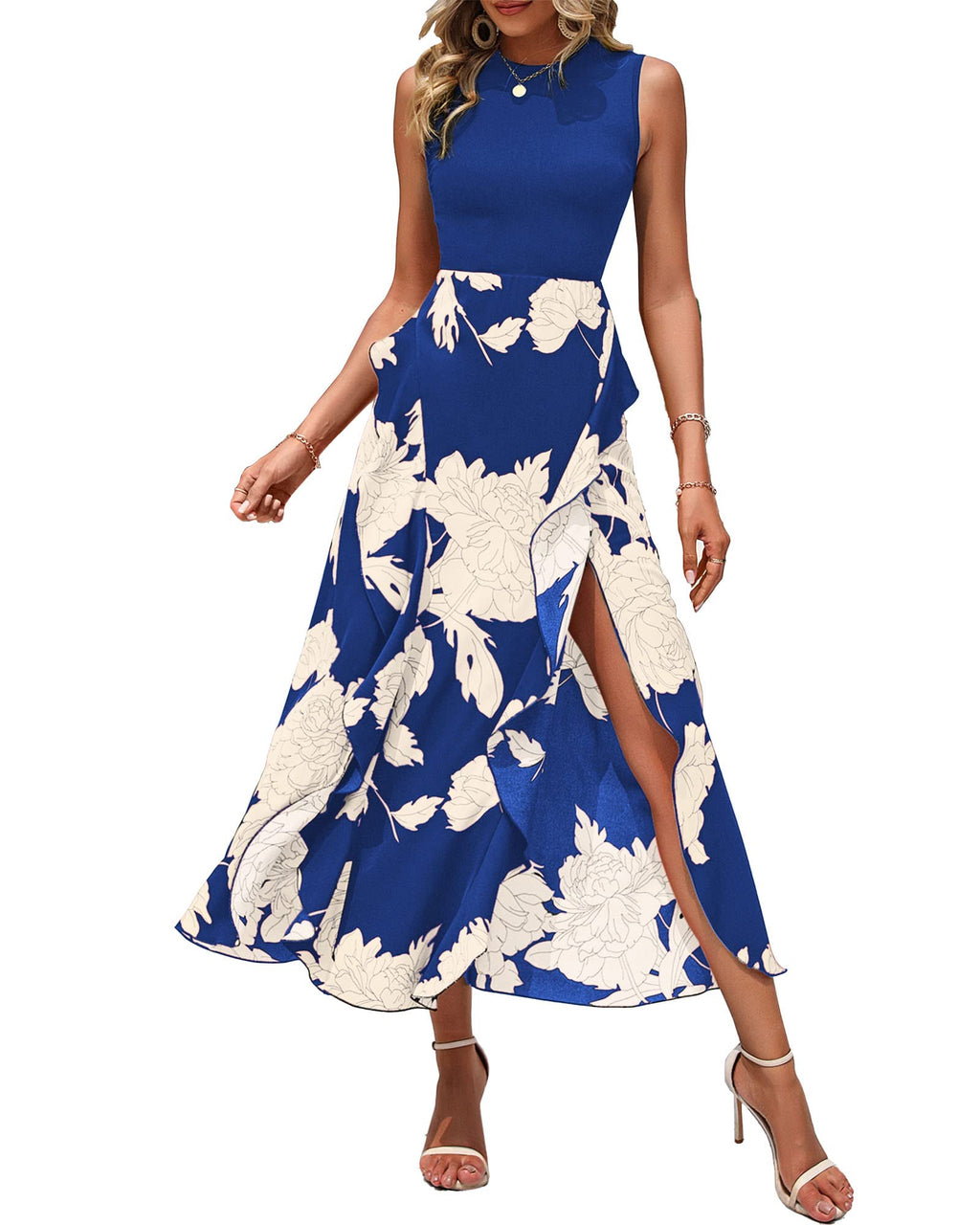 BTFBM Summer Dresses for Women Wedding Guest Boho Floral Print, Sleeveless, Crewneck, Ruffle Midi Dress For Cocktail, Graduation, Homecoming, Party, Casual Fall