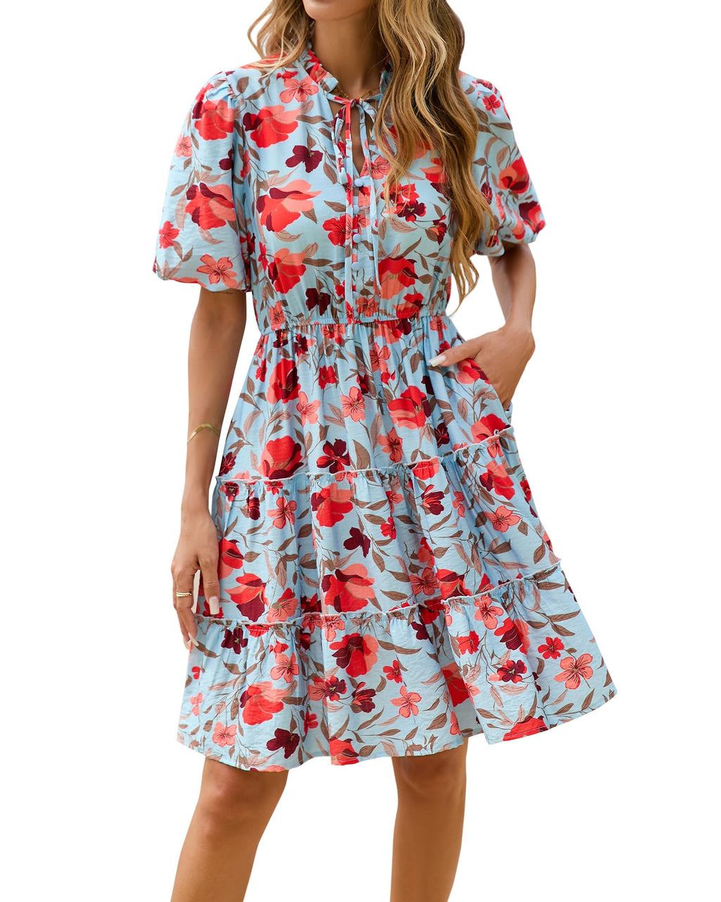 BTFBM Women Summer Floral Short Dresses V Neck Short Sleeve Tiered Ruffle Boho Swing Dress A-Line Mini Dresses