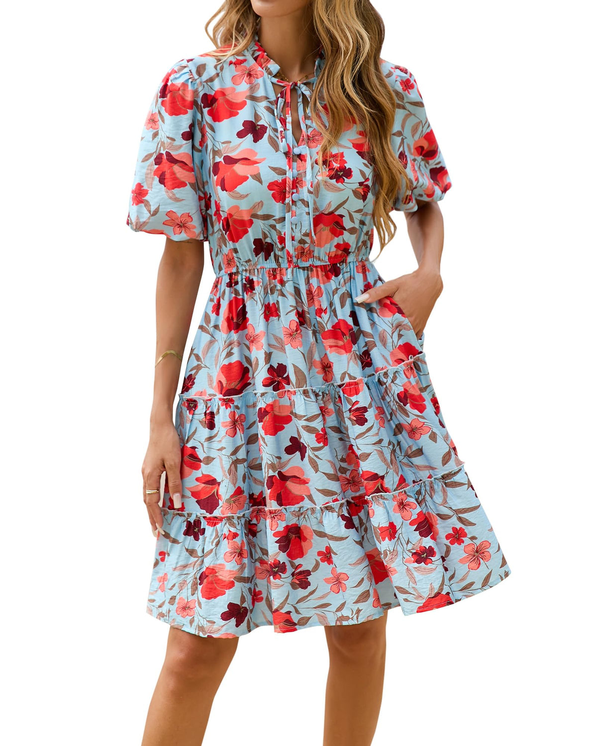 BTFBM Women Summer Floral Short Dresses V Neck Short Sleeve Tiered Ruffle Boho Swing Dress A-Line Mini Dresses