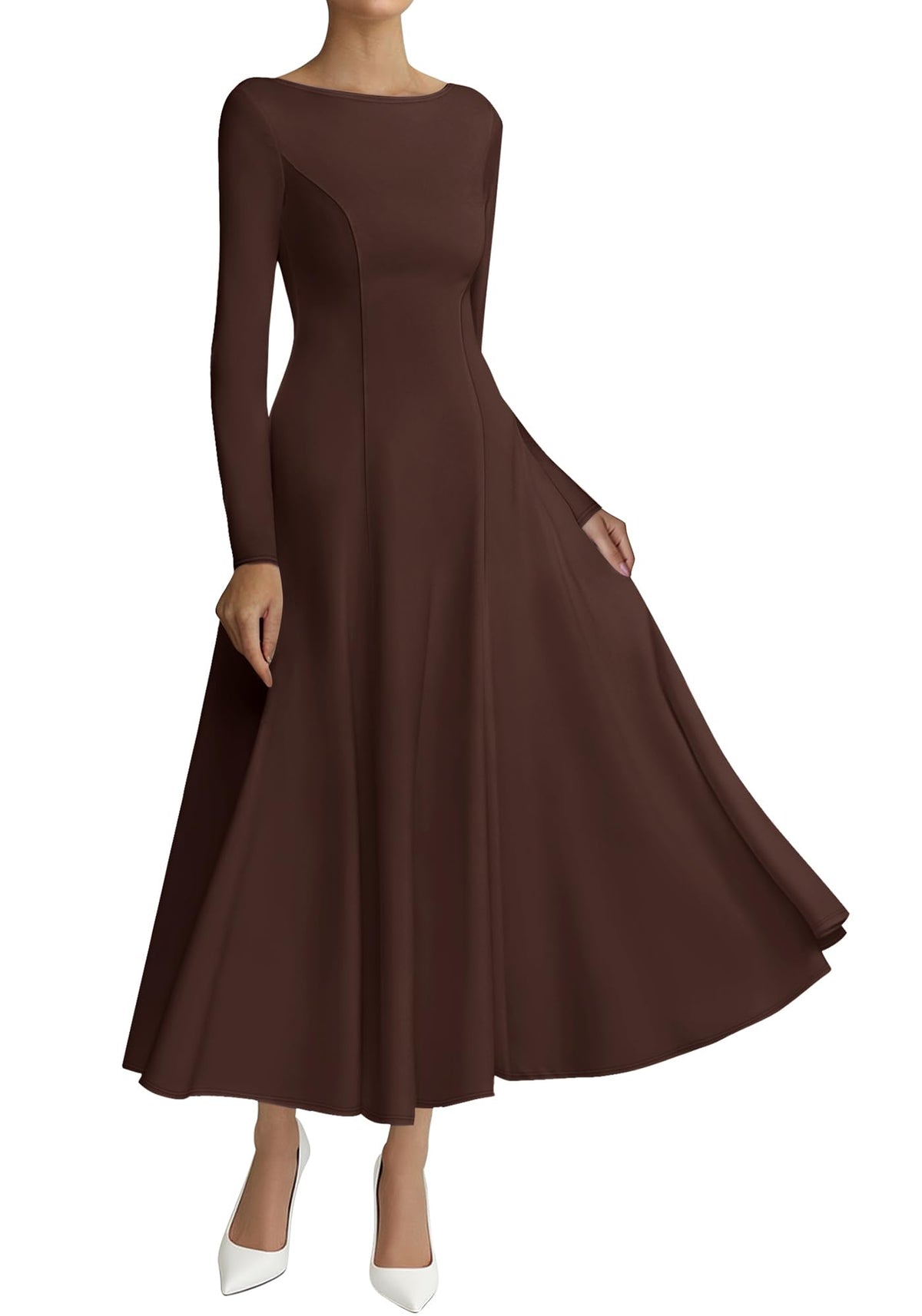 BTFBM Spring Dresses for Women Trendy Boat Neck Long Sleeve A Line Flowy Knit Loose Casual Elegant Party Maxi Dress