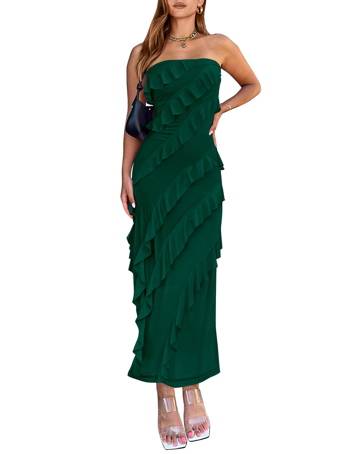 BTFBM Maxi Dresses for Women Solid Bodycon Summer Wedding Guest Dress Lightweight Mesh,Ruffle,Tube Dresses,Sleeveless,Graduation,Cocktail,Prom,Party,Birthday,Baby Shower,Vacation Outfits