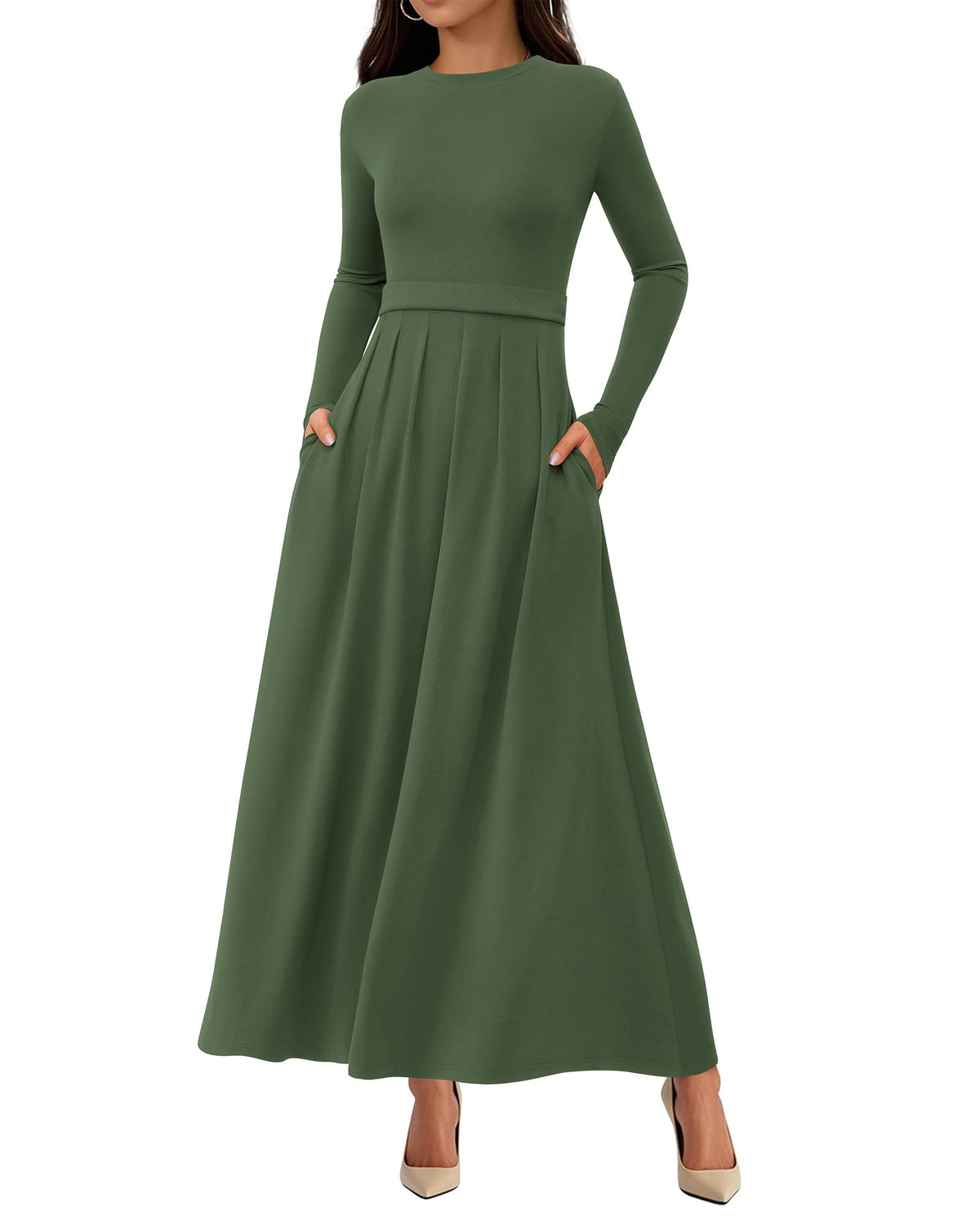 BTFBM Long Sleeve Dress for Women Spring Clothes Pockets Business Casual Pleated Fall Wedding Guest Dresses