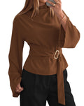 BTFBM Women Business Casual Blouses Bell Long Sleeve Tie Waist Top Mock Neck Back Zipper Shirt, Elegant Dressy Buckle Tunic, Going Out Tops, Work Office Shirts, Early Fall Fashion