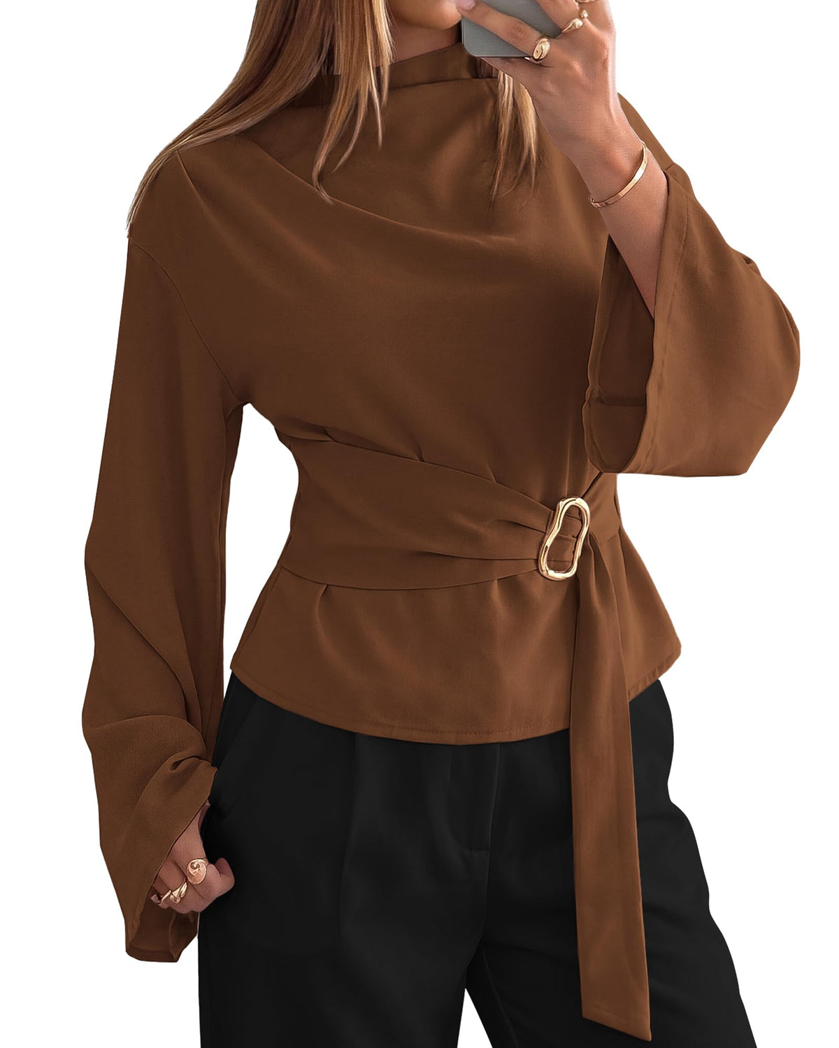 BTFBM Women Business Casual Blouses Bell Long Sleeve Tie Waist Top Mock Neck Back Zipper Shirt, Elegant Dressy Buckle Tunic, Going Out Tops, Work Office Shirts, Early Fall Fashion