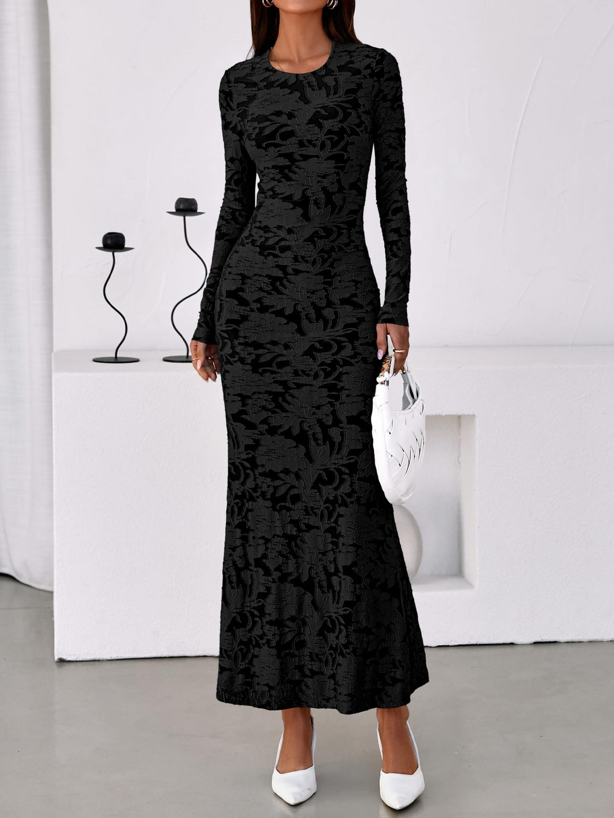 BTFBM Wedding Guest Dresses for Women Fall Elegant Floral Lace Ruched Long Sleeve Bodycon Cocktail Party Maxi Dress