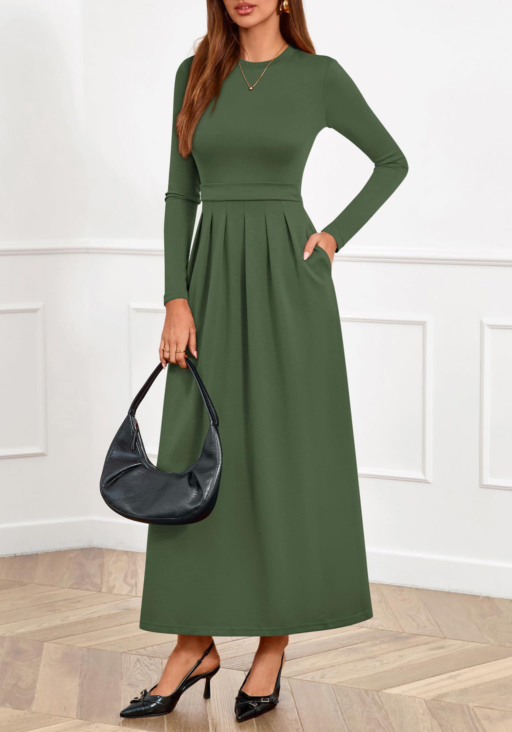 BTFBM Long Sleeve Dress for Women Spring Clothes Pockets Business Casual Pleated Fall Wedding Guest Dresses